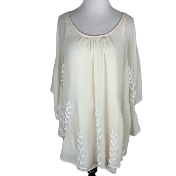 Free People Beaded Pointed Cape Drape Mini Dress Chiffon Sheer Cream Small - Picture 8 of 14